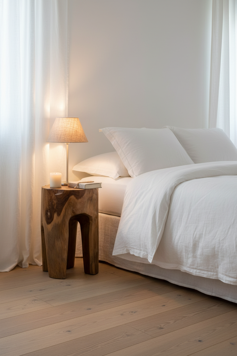Tabouret Rose teck recyclé — ambiance chambre table de nuit bougie livre ARCANCE