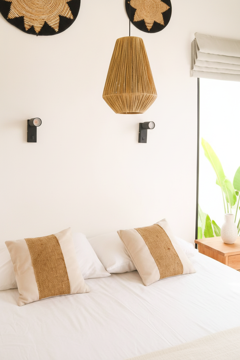 Suspension ENDAH en raphia – ambiance lifestyle chambre méditerranéenne