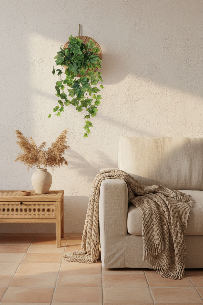 Lierre suspendu artificiel Hedera — ambiance lifestyle étagère bohème ARCANCE