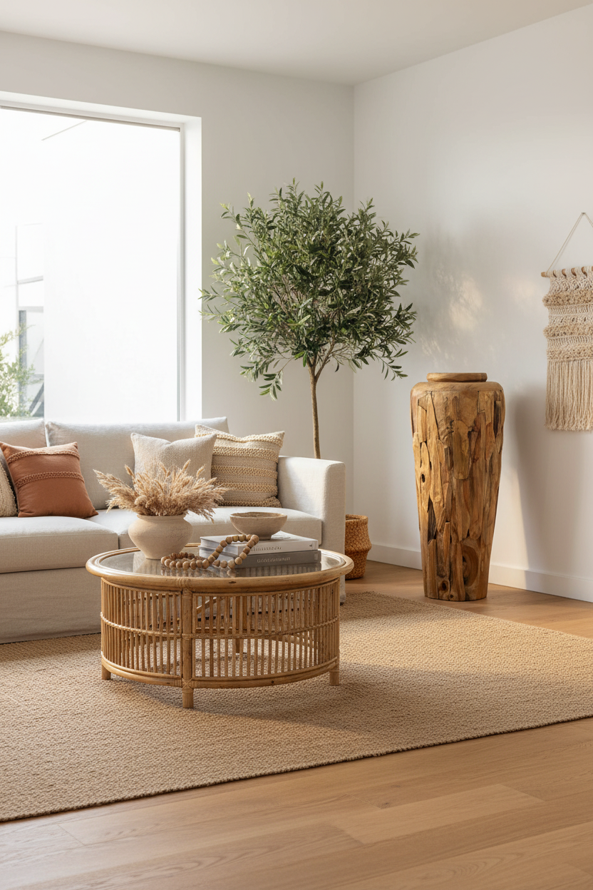 Vase teck massif 100 cm — ambiance salon bohème lin rotin discret ARCANCE