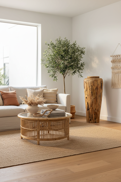 Vase teck massif 100 cm — ambiance salon bohème lin rotin discret ARCANCE