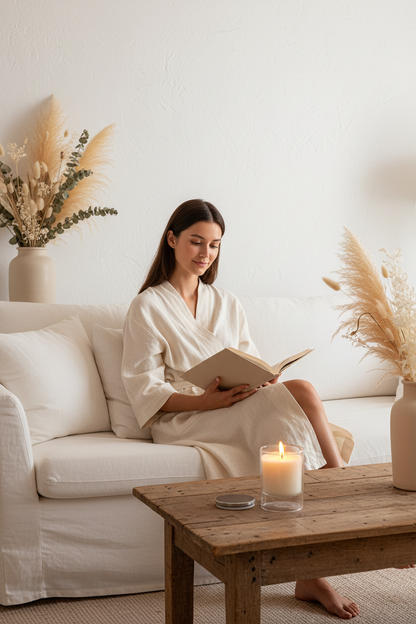 Bougie musc – ambiance lifestyle avec personne lisant sur canapé