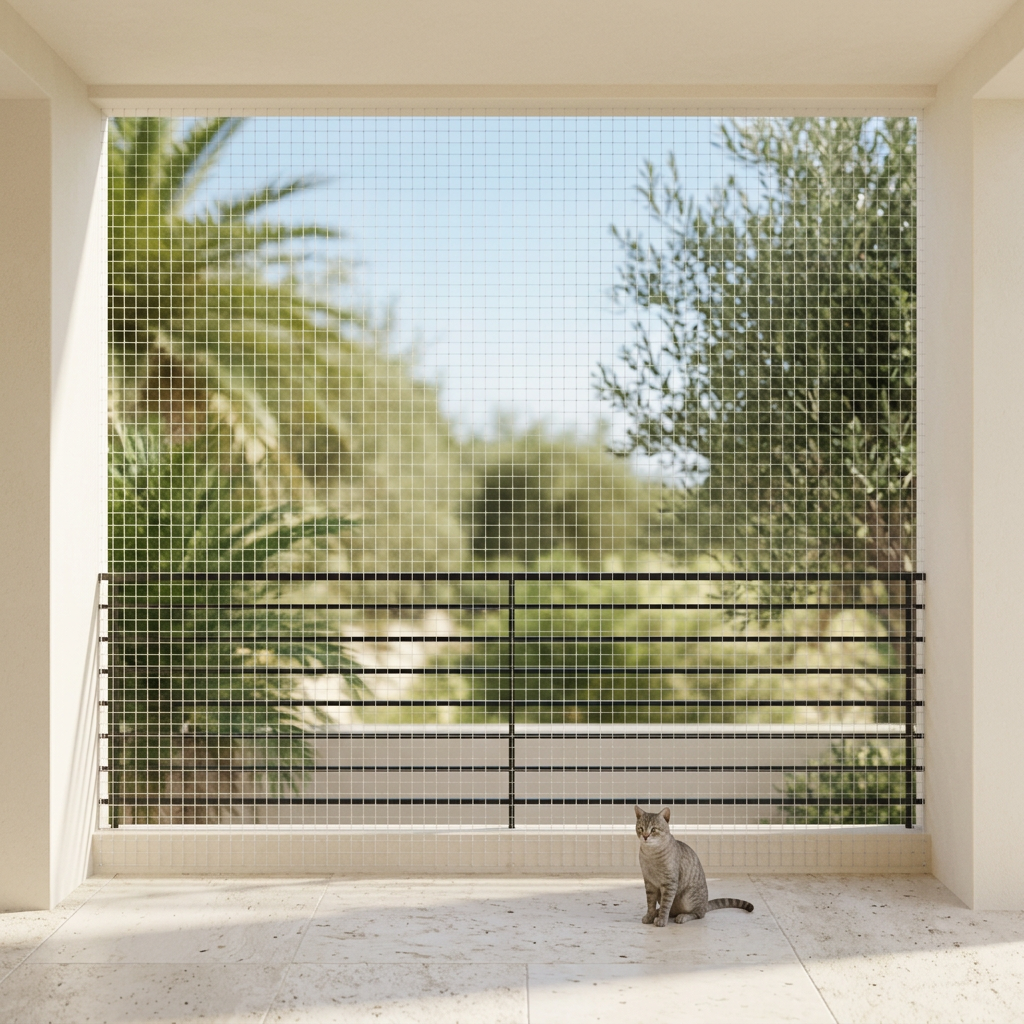 Filet transparent pour chat installé sur un balcon