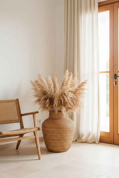 Vase KIDUNG en rotin avec herbes de la pampa dans un salon méditerranéen lumineux