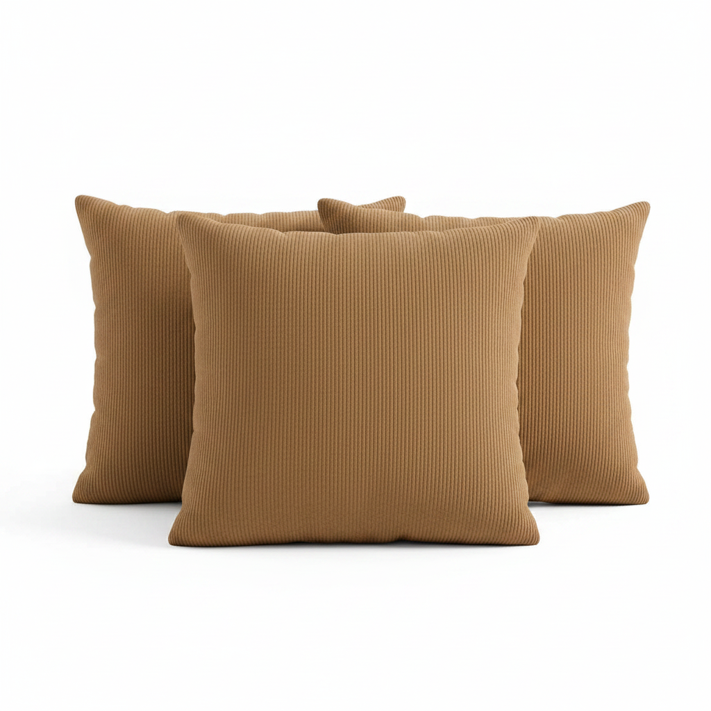 Coussins velours côtelé marron 45x45 cm — fond blanc studio texture velours
