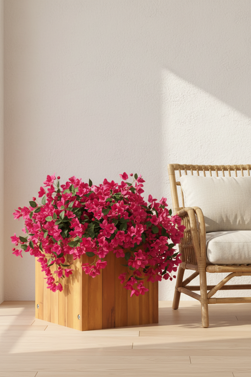 Pot bois acacia massif 25x25 cm — ambiance bougainvillier rose fuchsia fauteuil rotin ARCANCE
