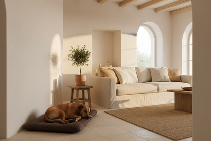 Chien allongé sur le matelas marron dans un salon méditerranéen