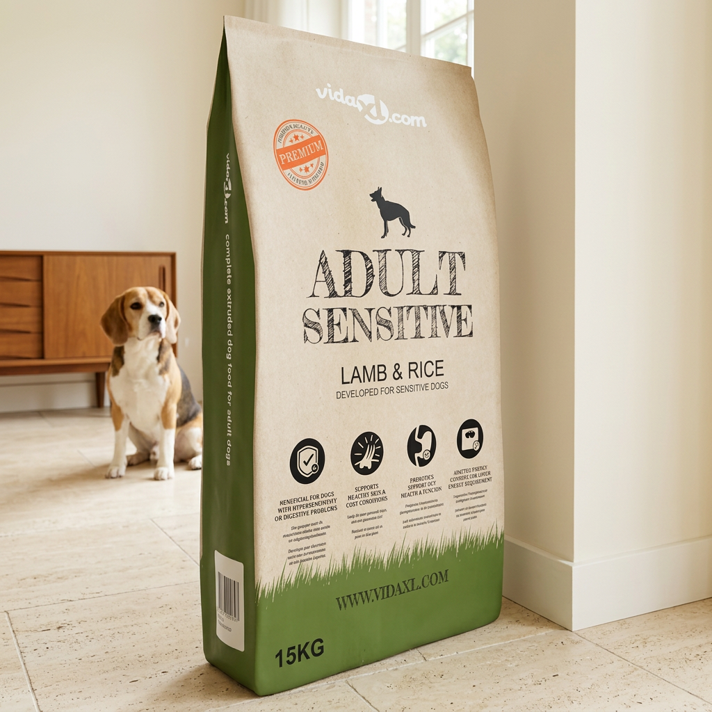 Sac de croquettes pour chien adulte dans un intérieur lumineux