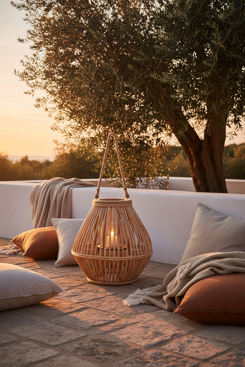 Lanterne osier posée sur terrasse méditerranéenne au coucher du soleil