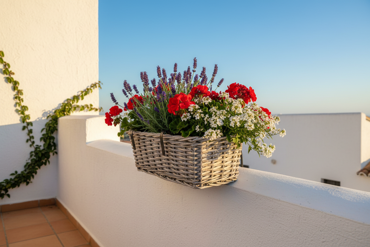 Jardinière Batu rotin kubu 60 cm — ambiance balcon méditerranéen fleurs lavande géraniums ARCANCE