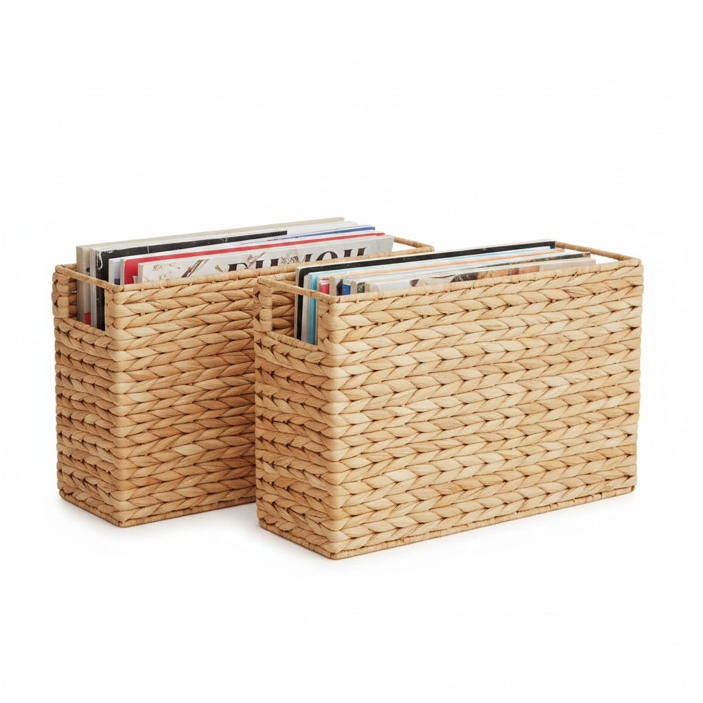 Paniers à magazines jacinthe d’eau — lot de 2 avec magazines fond blanc