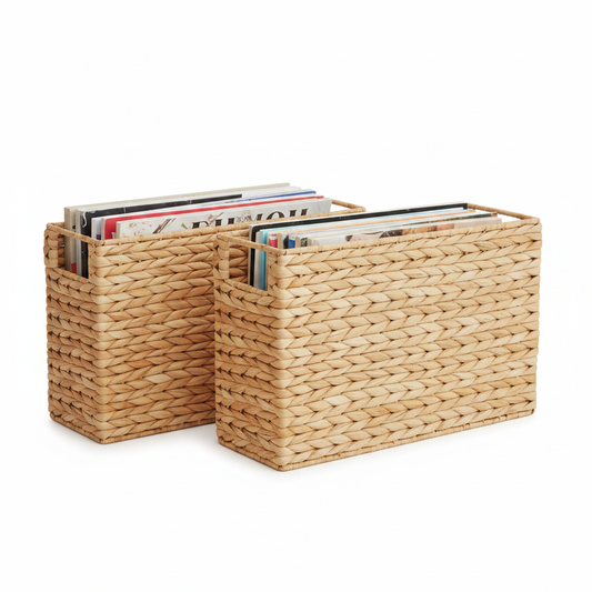 Paniers à magazines jacinthe d’eau — lot de 2 avec magazines fond blanc