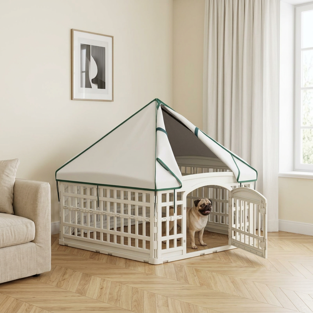 Parc blanc pour chien avec bâche de toit dans un salon lumineux