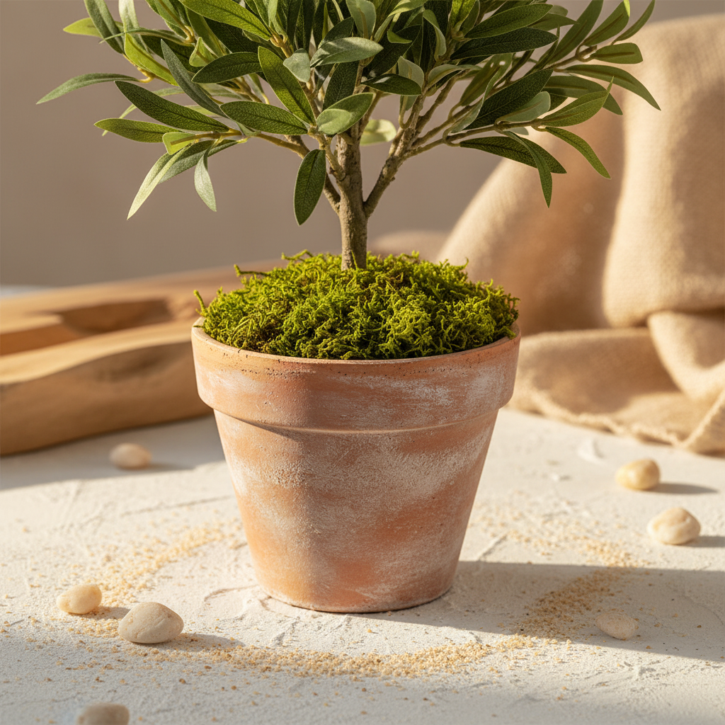 Mousse végétale premium — ambiance lifestyle au pied d’une plante pot céramique ARCANCE