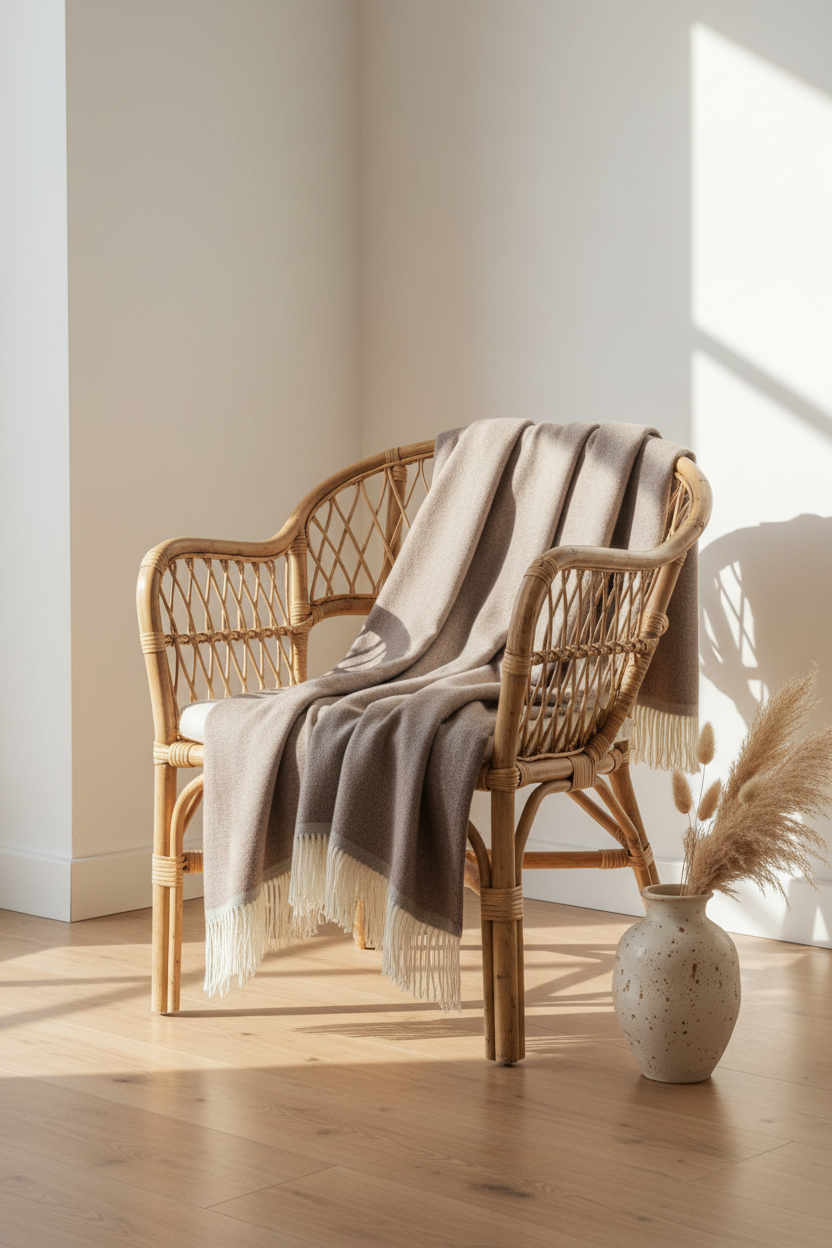 Plaid Milano mérinos cachemire — ambiance lifestyle canapé lin ARCANCE