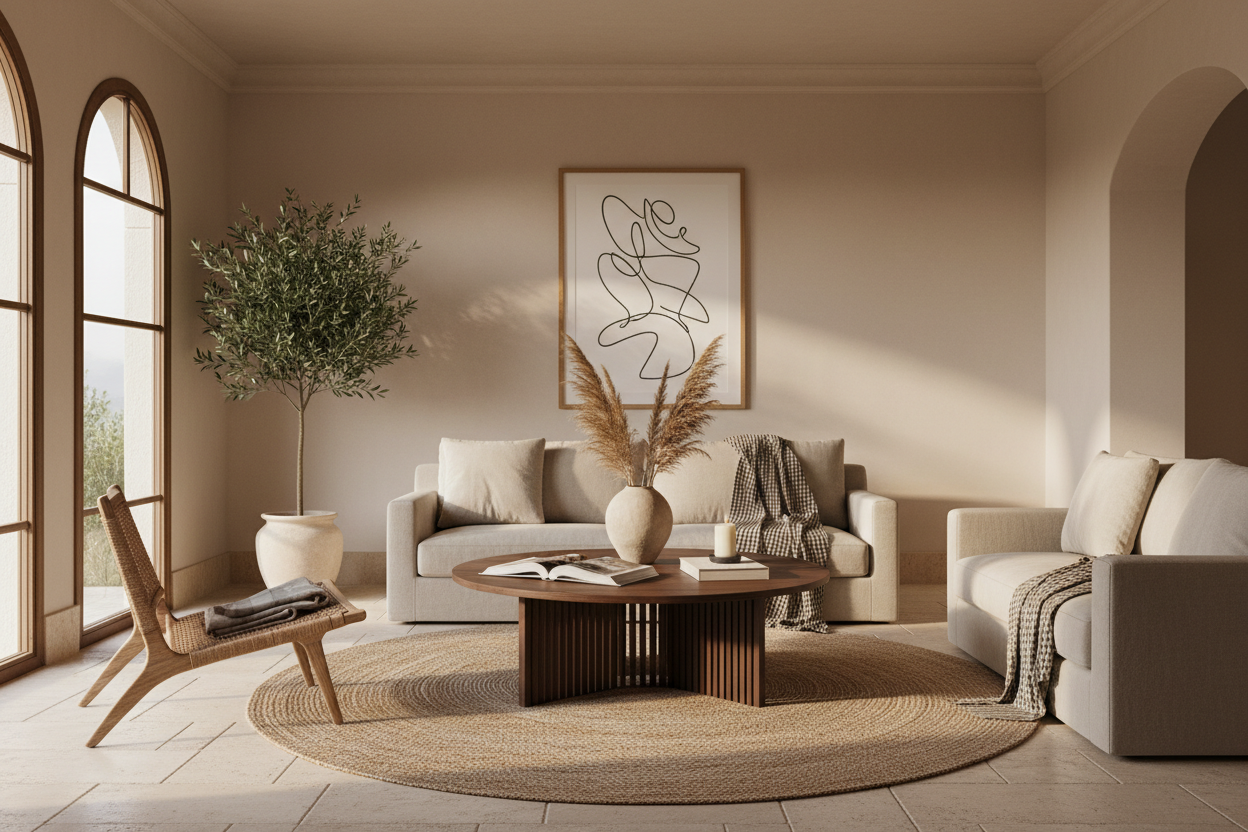 Table basse Vincent manguier — ambiance salon villa méditerranéenne luxe tapis jute fauteuil rotin plaid laine olivier line art ARCANCE