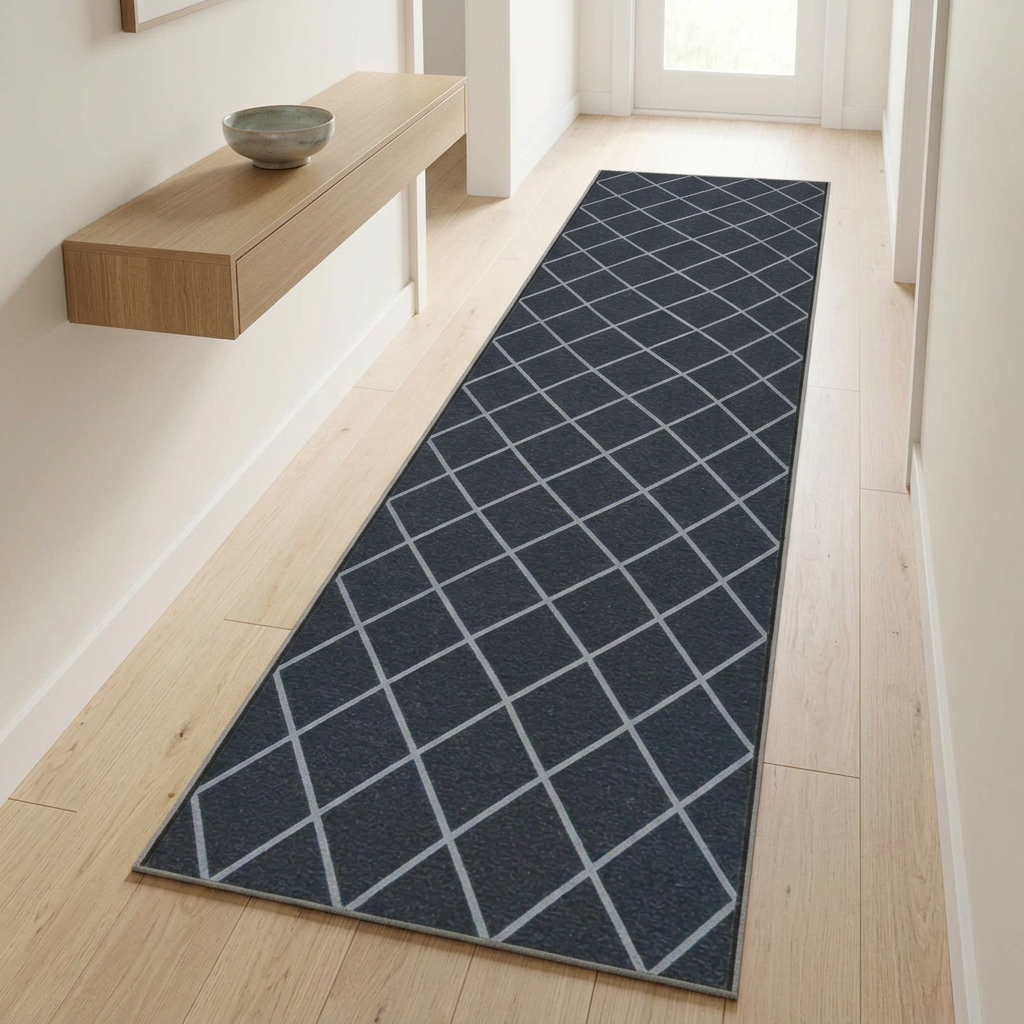 Mise en scène du tapis de couloir ORIZ à losanges noirs de 50 × 350 cm dans une entrée en bois clair.