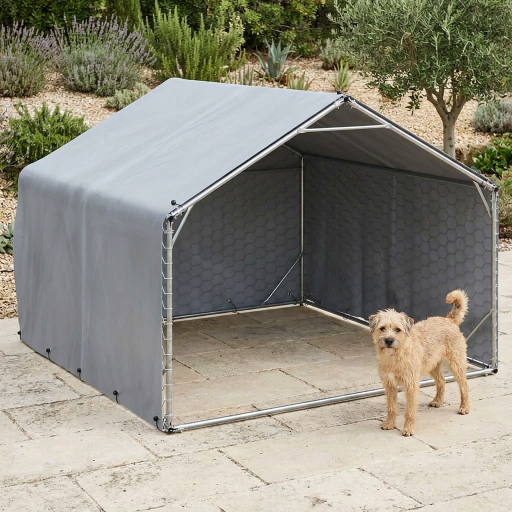 Abri extérieur ouvert pour chien sur une terrasse claire