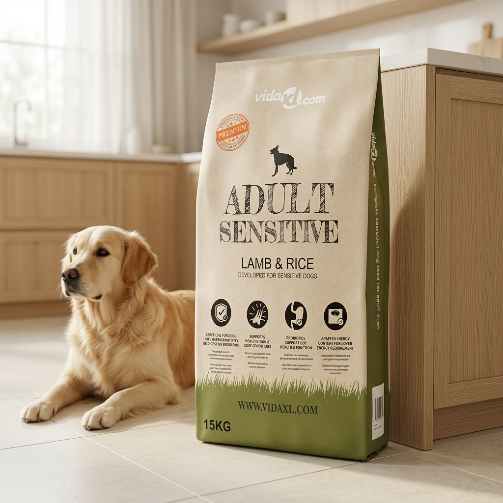 Sac de croquettes agneau et riz 15 kg dans une cuisine avec un chien adulte