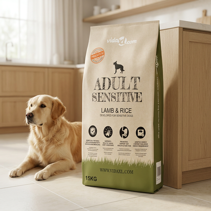 Sac de croquettes agneau et riz 15 kg dans une cuisine avec un chien adulte