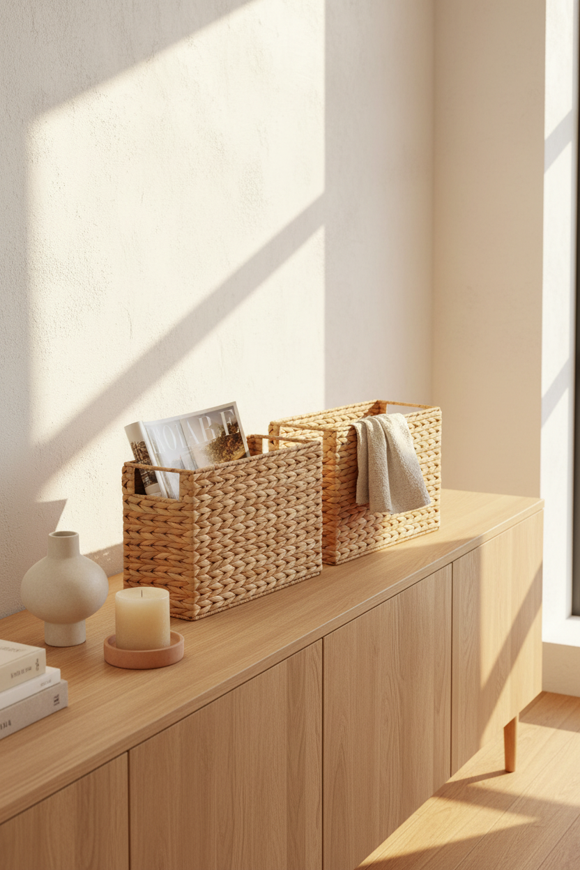 Paniers jacinthe d’eau — ambiance console bois naturel vase céramique ARCANCE