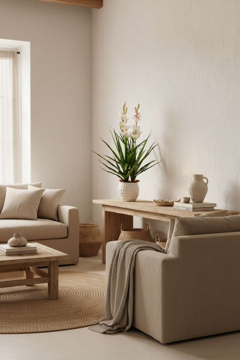 Orchidée Cymbidium artificielle — ambiance lifestyle console bois naturel ARCANCE