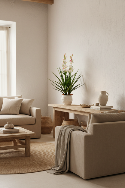 Orchidée Cymbidium artificielle — ambiance lifestyle console bois naturel ARCANCE