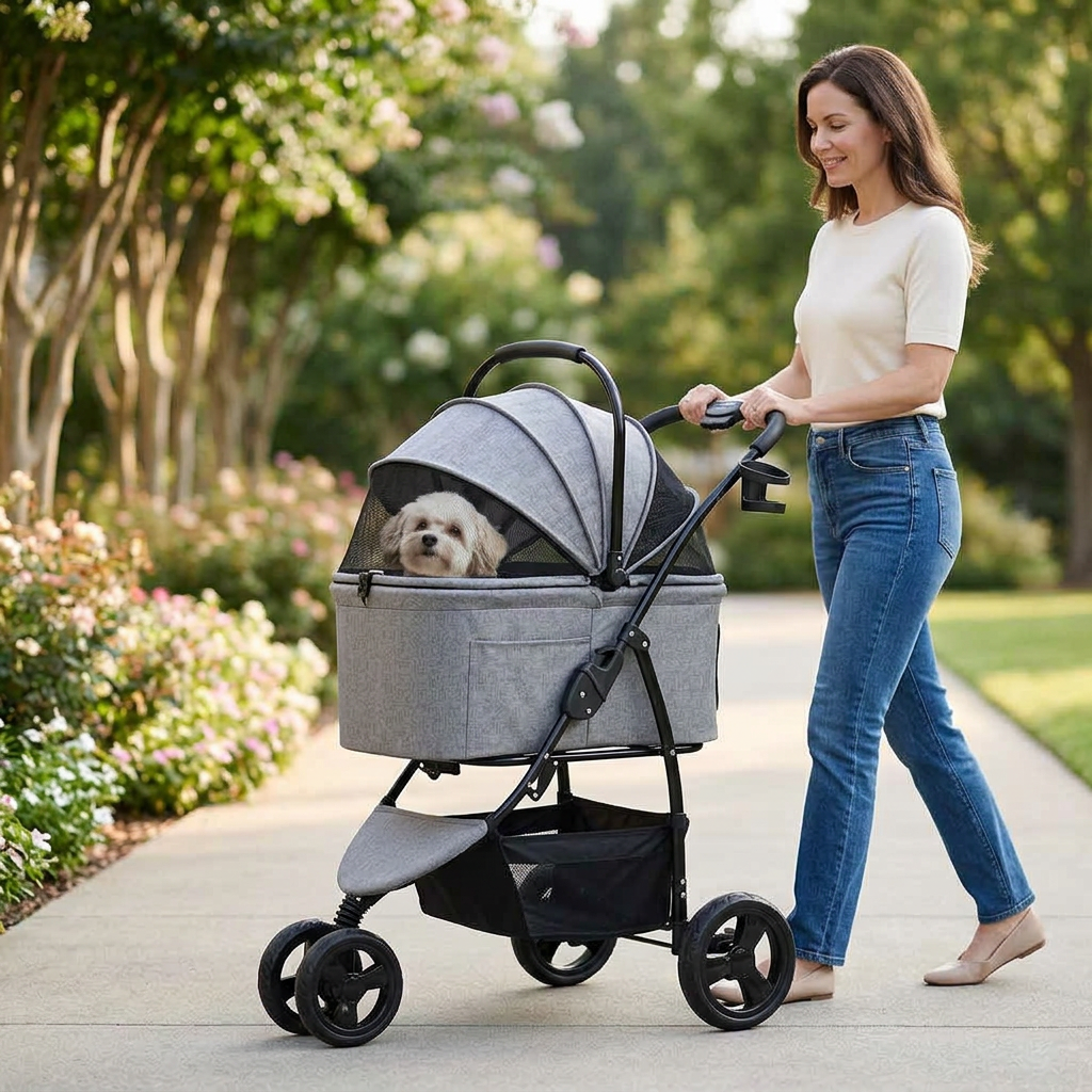 Femme promenant un petit chien en poussette grise dans un parc