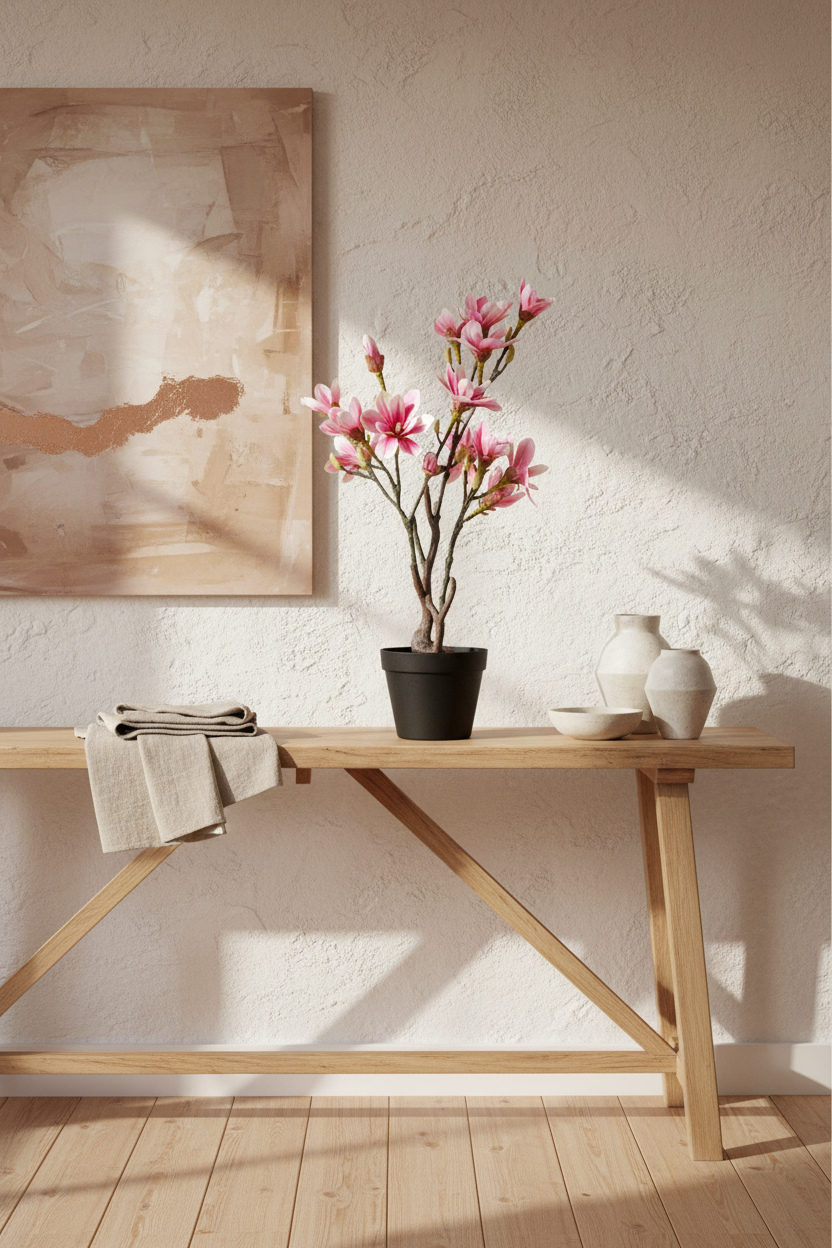 Magnolia artificiel rose 75 cm — ambiance lifestyle console entrée ARCANCE