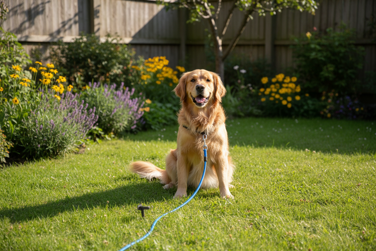 Chien golden retriever au jardin attaché à un piquet avec câble bleu