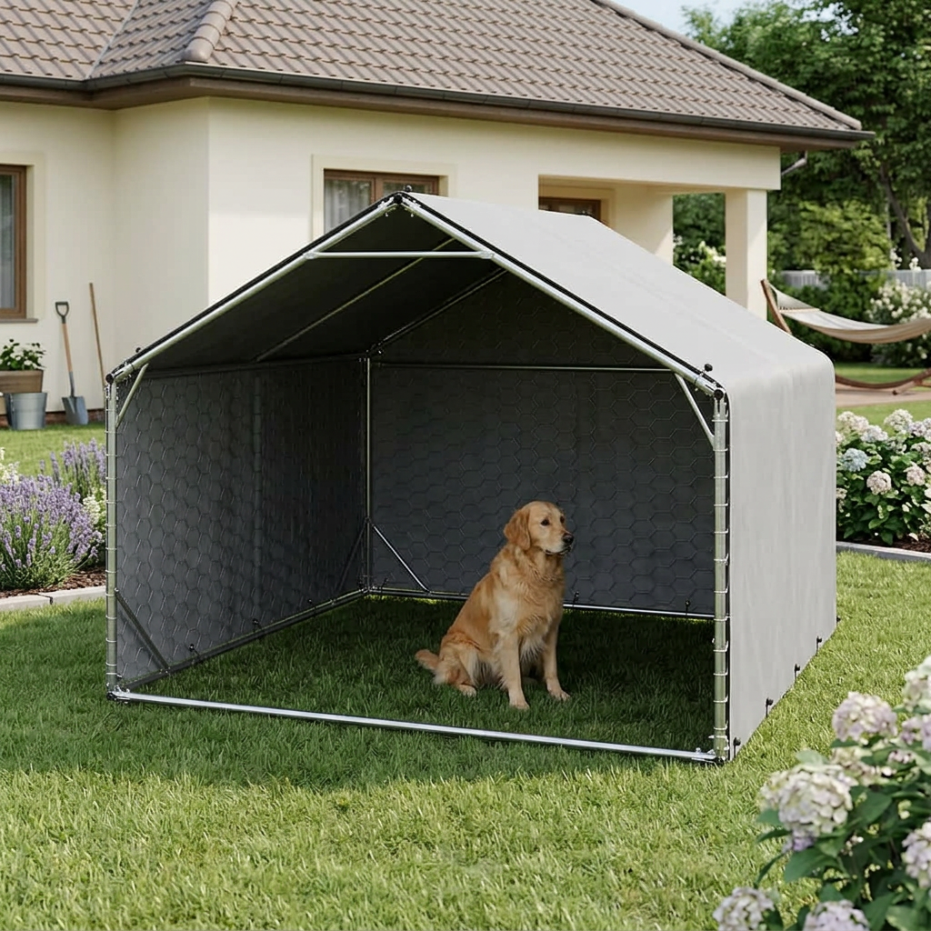 Abri extérieur ouvert pour chien dans un jardin