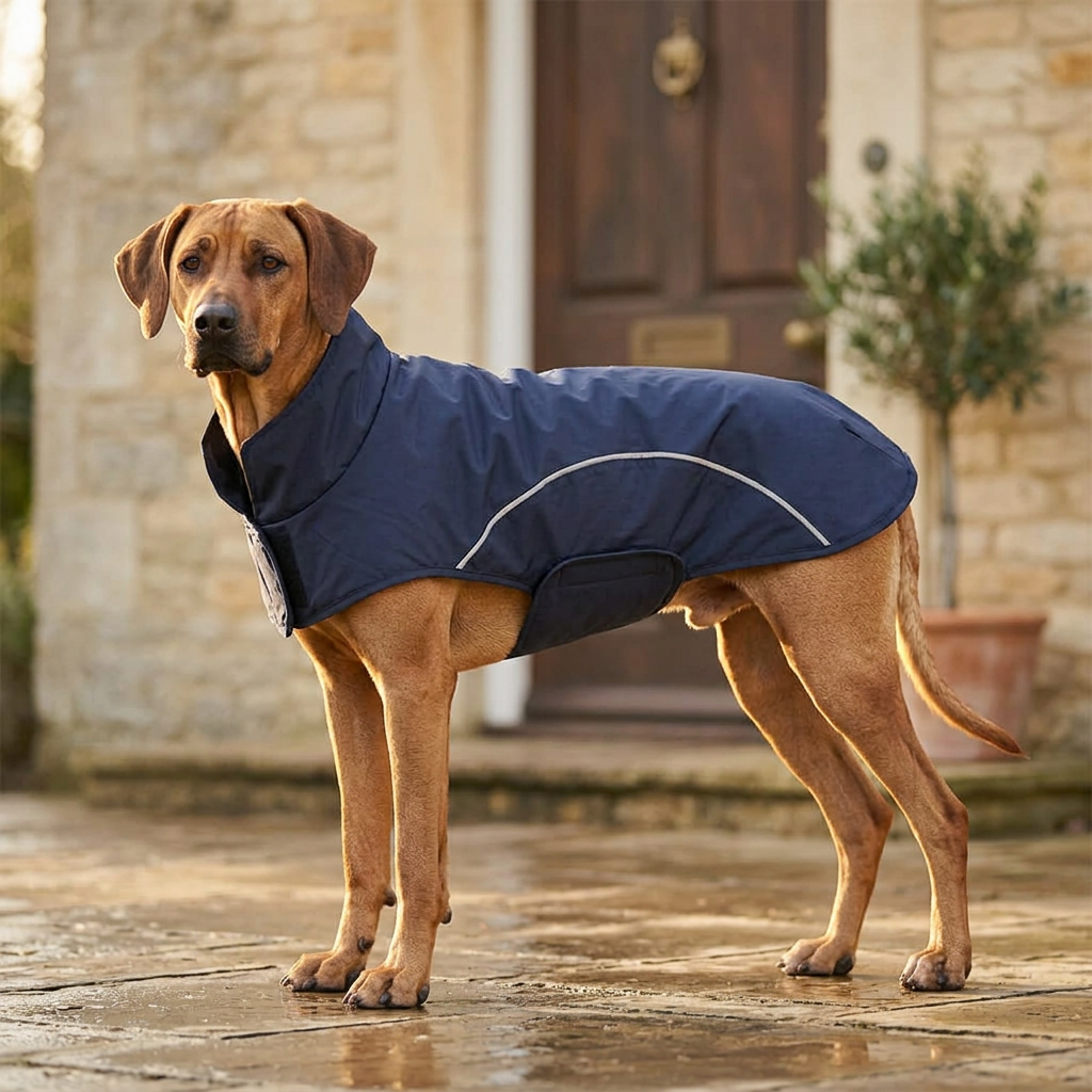 Imperméable bleu marine porté devant une maison