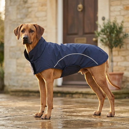 Imperméable bleu marine porté devant une maison
