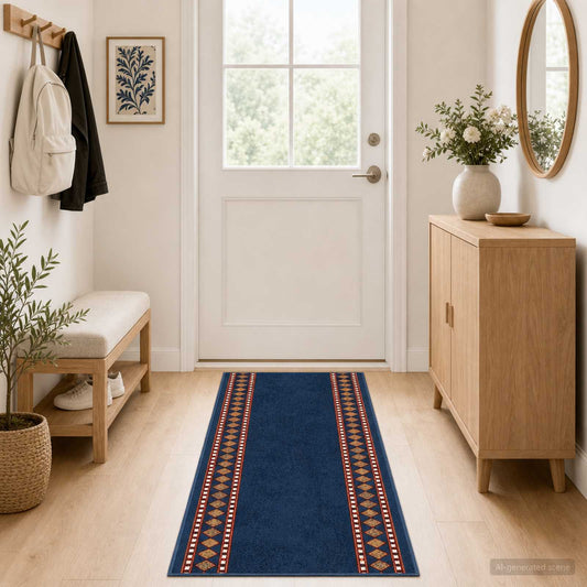 FLORNES – Tapis de couloir bleu à losanges 80 × 250 cm