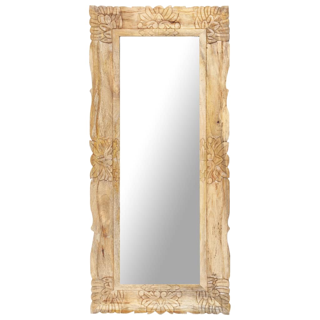 Miroir artisanal en bois de manguier massif sculpté 110 cm – fond blanc