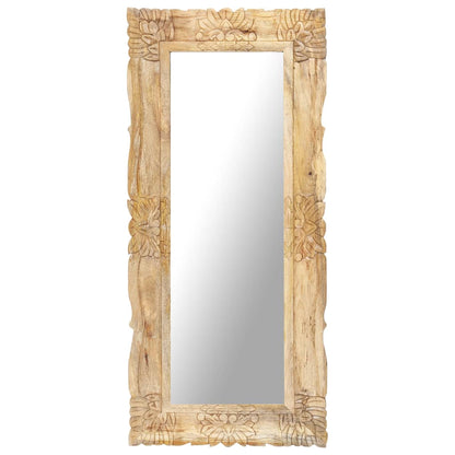 Miroir artisanal en bois de manguier massif sculpté 110 cm – fond blanc