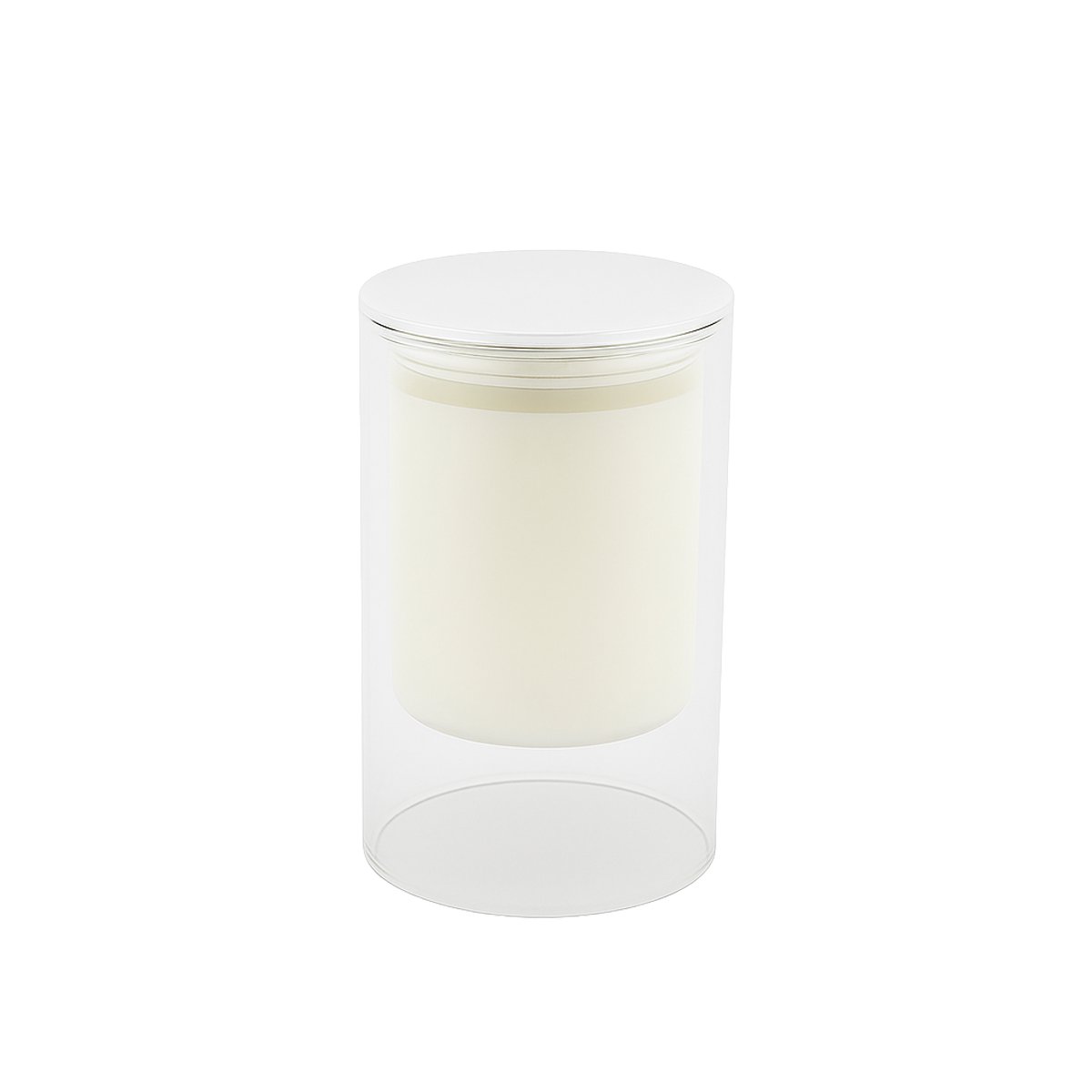 Bougie parfumée blanche au musc – verre cylindrique couvercle argenté fond blanc