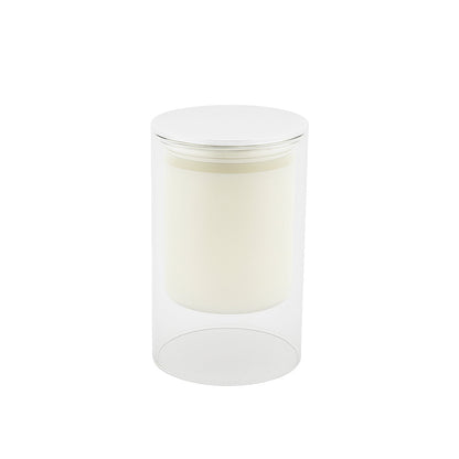 Bougie parfumée blanche au musc – verre cylindrique couvercle argenté fond blanc