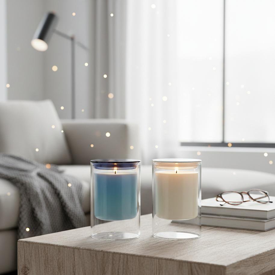 Bougie blanche musc – ambiance salon avec deux bougies allumées