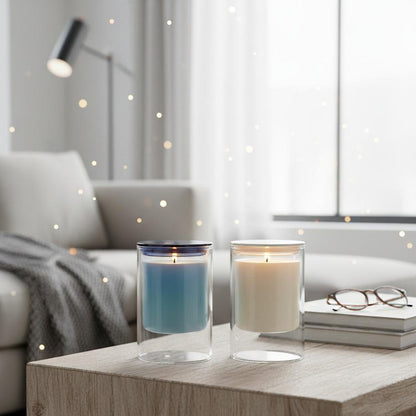 Bougie blanche musc – ambiance salon avec deux bougies allumées