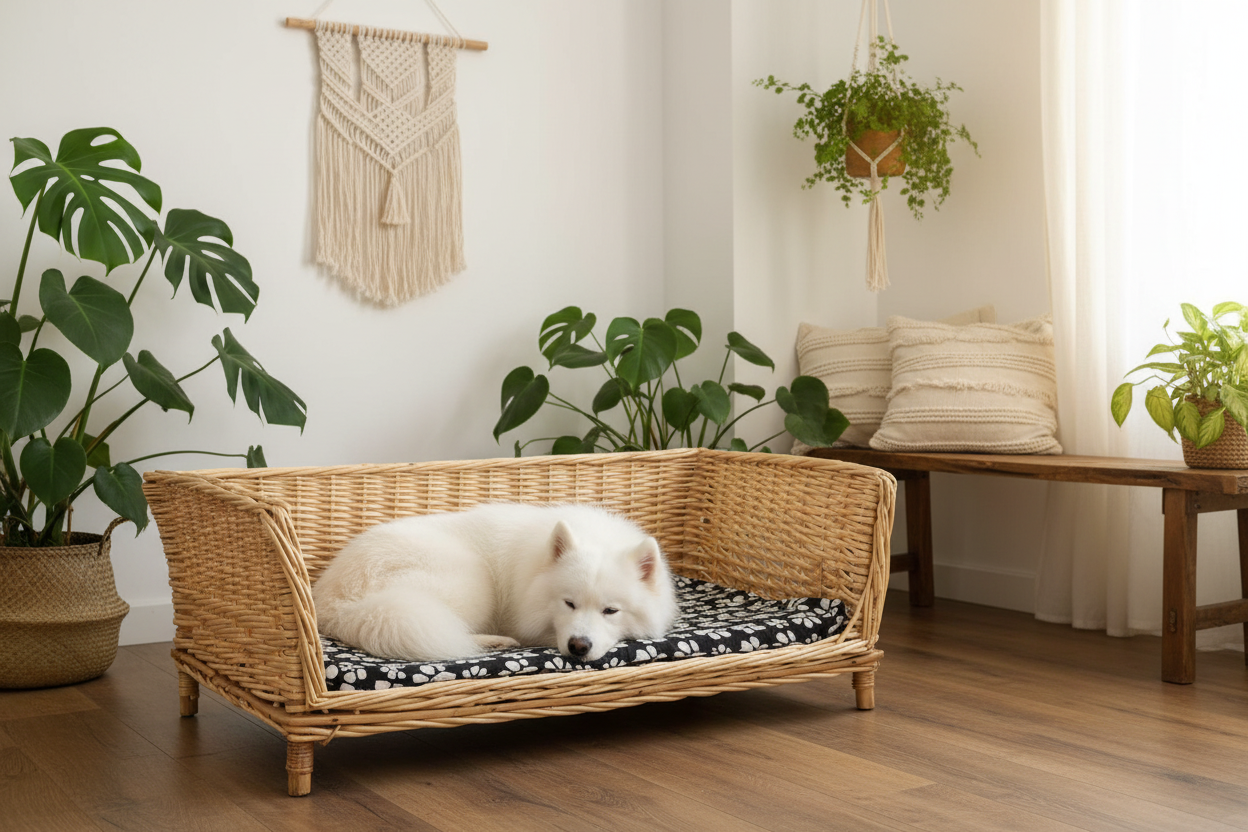 Panier chien osier - samoyède petit