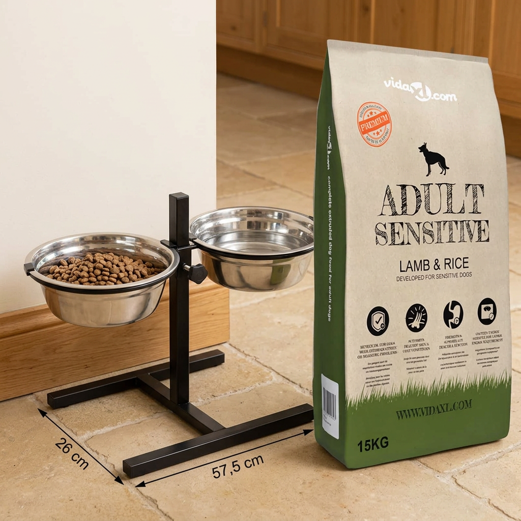 Support double gamelle et sac de croquettes dans une cuisine