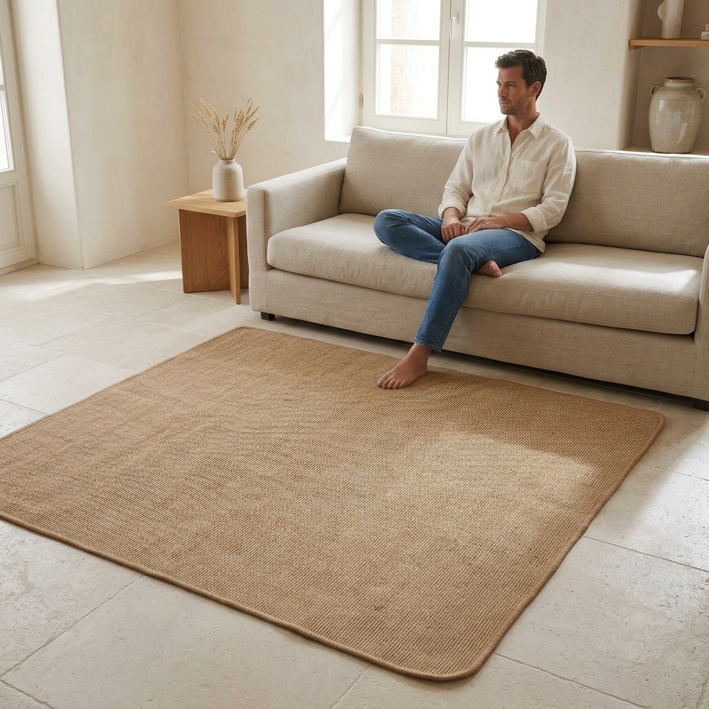 Tapis en jute avec une personne en jean, cadrage élargi