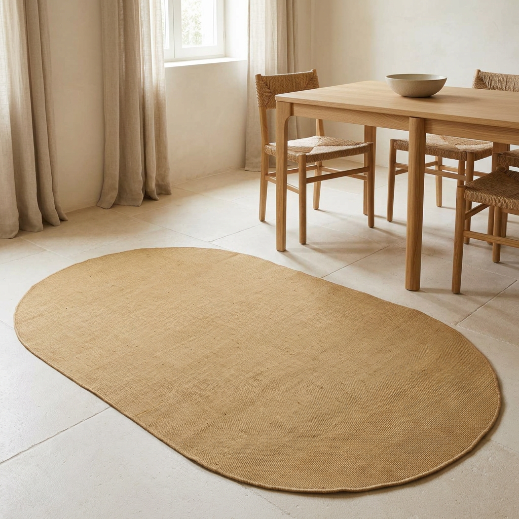 Tapis en jute naturel dans une salle à manger lumineuse