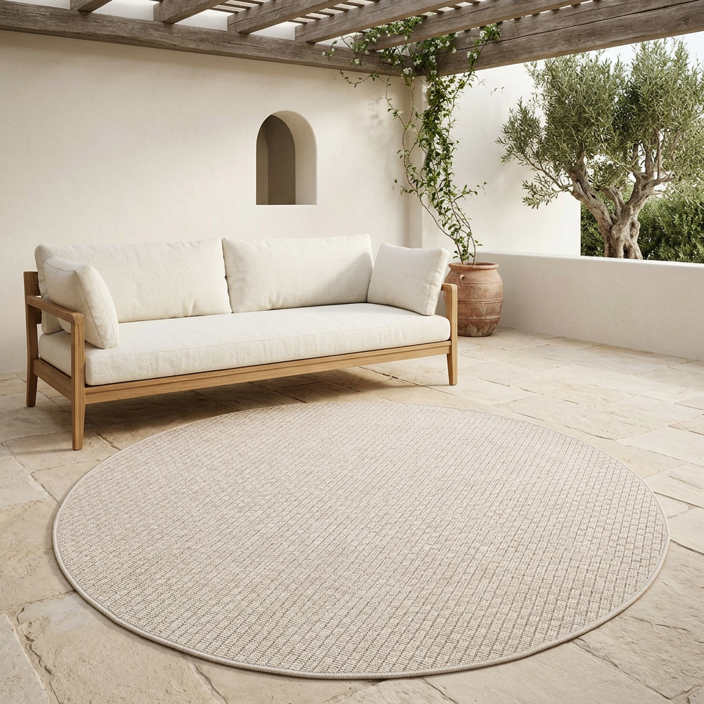 Tapis FARO crème sur une terrasse méditerranéenne couverte