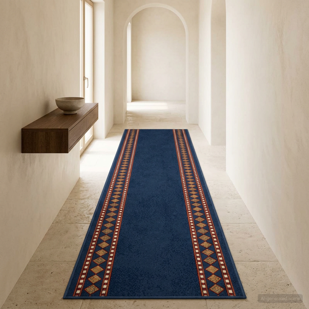 Tapis FLORNES bleu dans une entrée lumineuse