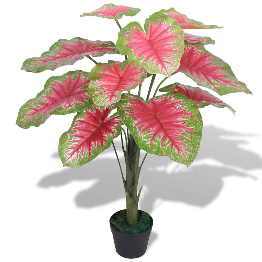 Caladium artificiel 85 cm feuillage vert et rouge en pot noir – fond blanc
